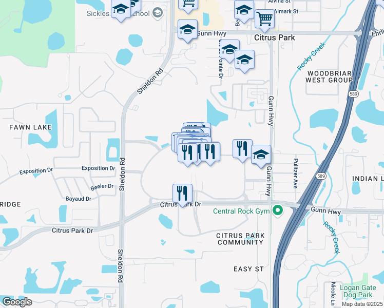 map of restaurants, bars, coffee shops, grocery stores, and more near 8035 Citrus Park Town Center Mall in Tampa