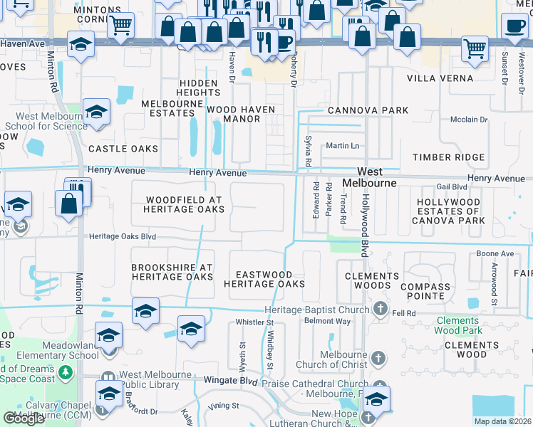 map of restaurants, bars, coffee shops, grocery stores, and more near 2337 Lylewood Court in Melbourne