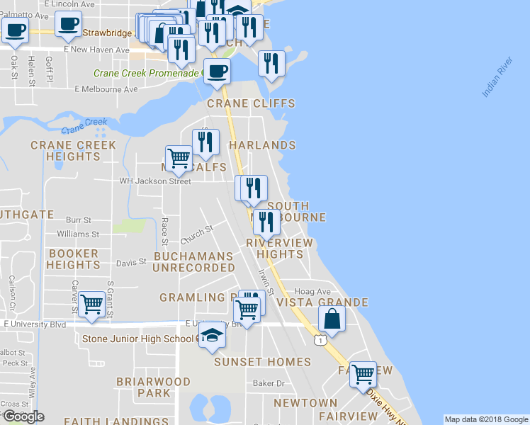 map of restaurants, bars, coffee shops, grocery stores, and more near 1311 Shenandoah Drive in Melbourne