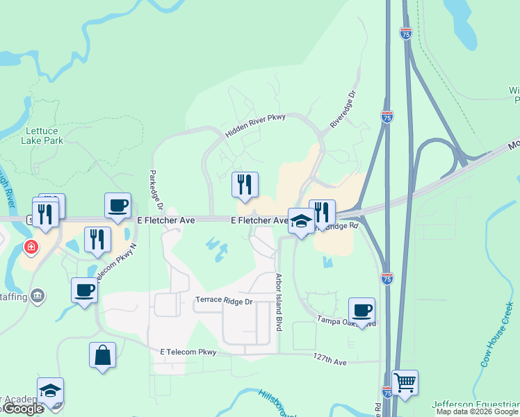 map of restaurants, bars, coffee shops, grocery stores, and more near 13565 Cypress Glen Lane in Tampa