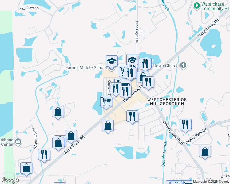 map of restaurants, bars, coffee shops, grocery stores, and more near 12632 Weston Drive in Tampa