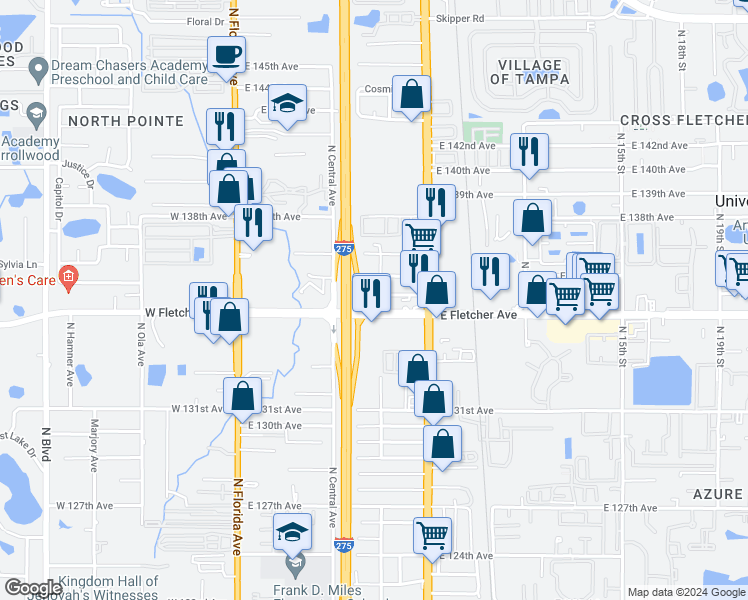 map of restaurants, bars, coffee shops, grocery stores, and more near 722 East Fletcher Avenue in Tampa