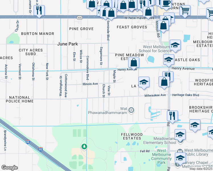map of restaurants, bars, coffee shops, grocery stores, and more near 520 Church Street in Melbourne