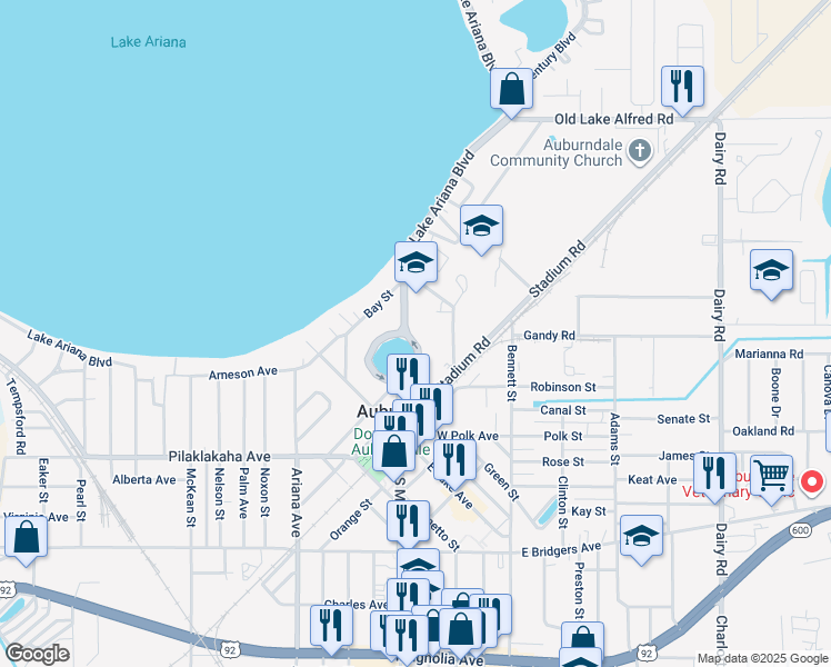 map of restaurants, bars, coffee shops, grocery stores, and more near 615 Hampton Street in Auburndale