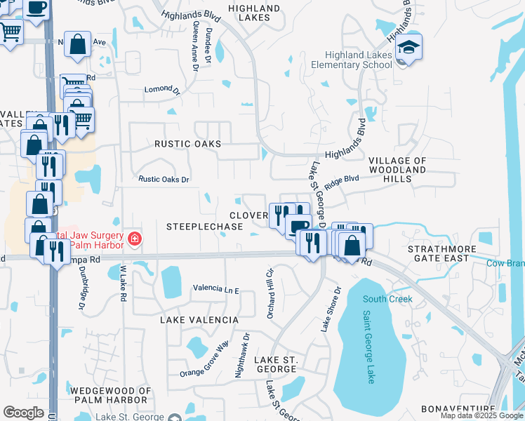 map of restaurants, bars, coffee shops, grocery stores, and more near 3157 Cloverplace Drive in Palm Harbor