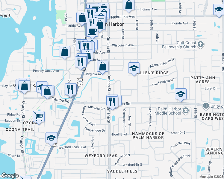 map of restaurants, bars, coffee shops, grocery stores, and more near 241 Omaha Street in Palm Harbor