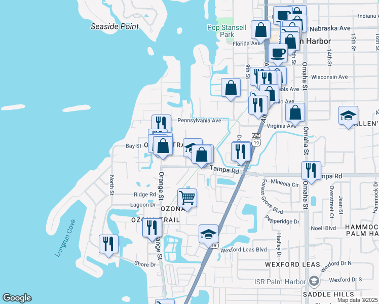 map of restaurants, bars, coffee shops, grocery stores, and more near 410 Mississippi Avenue in Palm Harbor