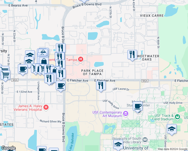 map of restaurants, bars, coffee shops, grocery stores, and more near 3436 Park Square North in Tampa