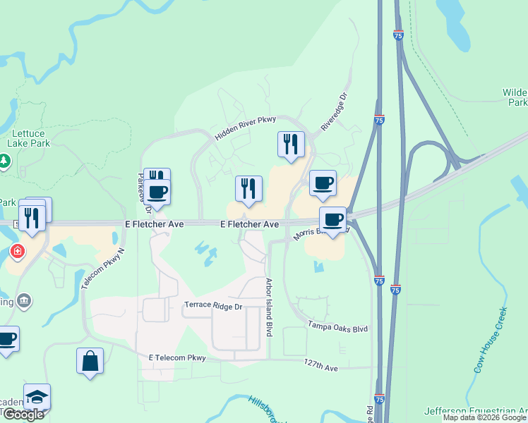 map of restaurants, bars, coffee shops, grocery stores, and more near 8754 East Fletcher Avenue in Tampa