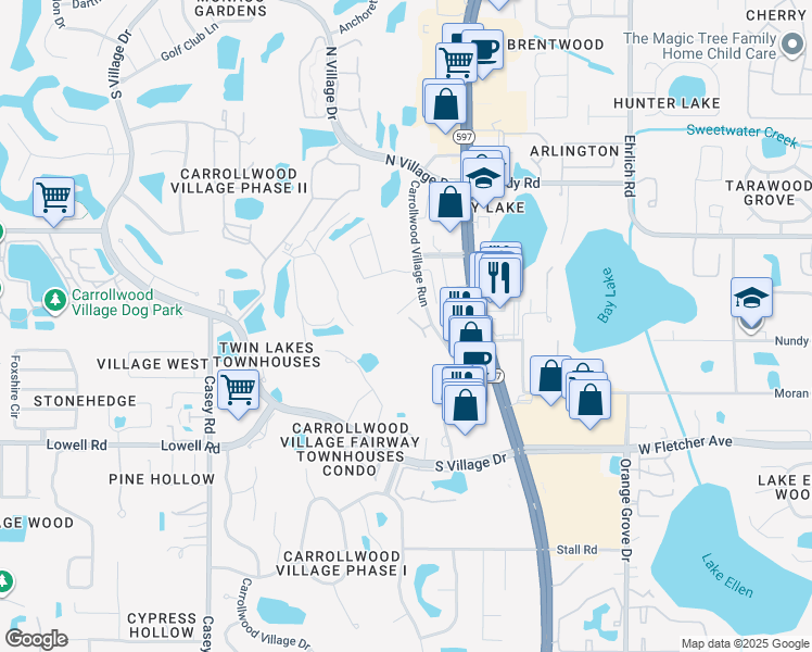 map of restaurants, bars, coffee shops, grocery stores, and more near 13618 Greenfield Drive in Tampa