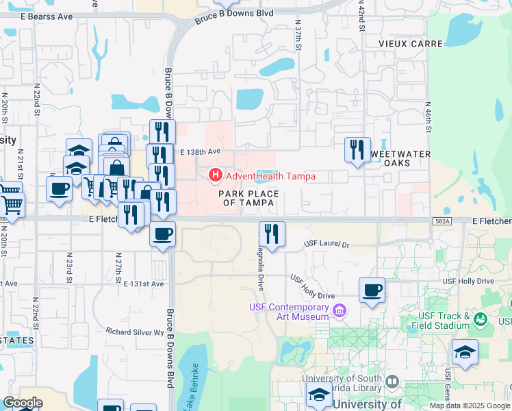 map of restaurants, bars, coffee shops, grocery stores, and more near 3450 East Fletcher Avenue in Tampa