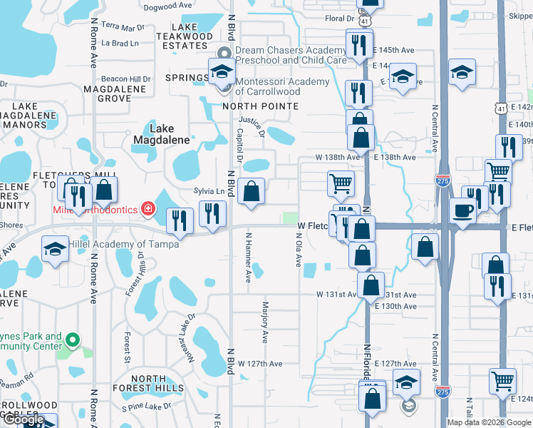 map of restaurants, bars, coffee shops, grocery stores, and more near 715 West Fletcher Avenue in Tampa