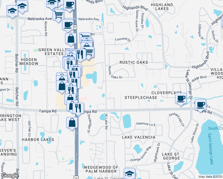 map of restaurants, bars, coffee shops, grocery stores, and more near 291 Winchester Way in Palm Harbor