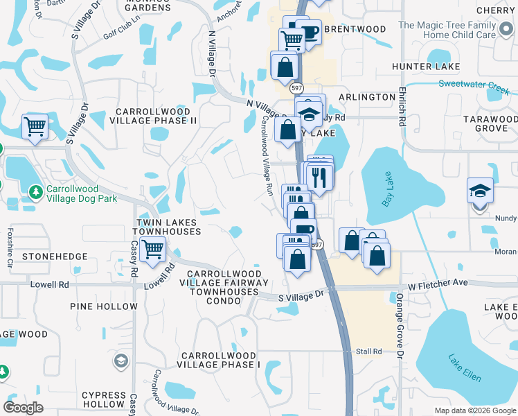 map of restaurants, bars, coffee shops, grocery stores, and more near 13618 Greenfield Drive in Tampa