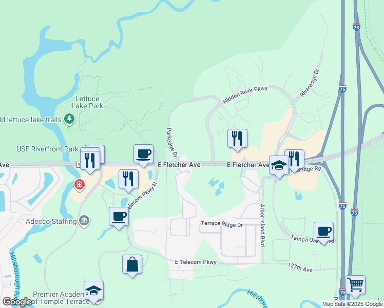 map of restaurants, bars, coffee shops, grocery stores, and more near 7320 East Fletcher Avenue in Tampa