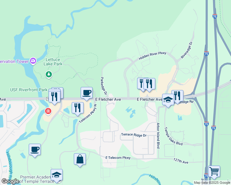 map of restaurants, bars, coffee shops, grocery stores, and more near 7320 East Fletcher Avenue in Tampa