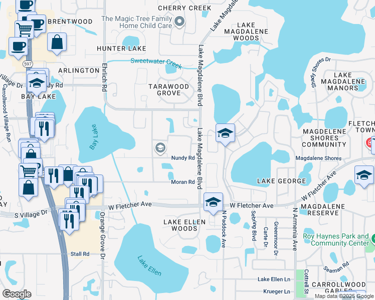 map of restaurants, bars, coffee shops, grocery stores, and more near 3215 Nundy Road in Tampa