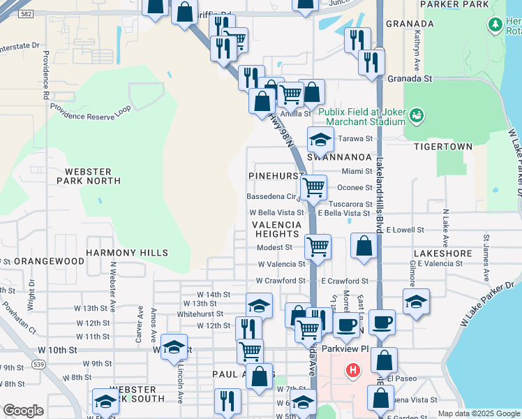 map of restaurants, bars, coffee shops, grocery stores, and more near 407 West Bella Vista Street in Lakeland