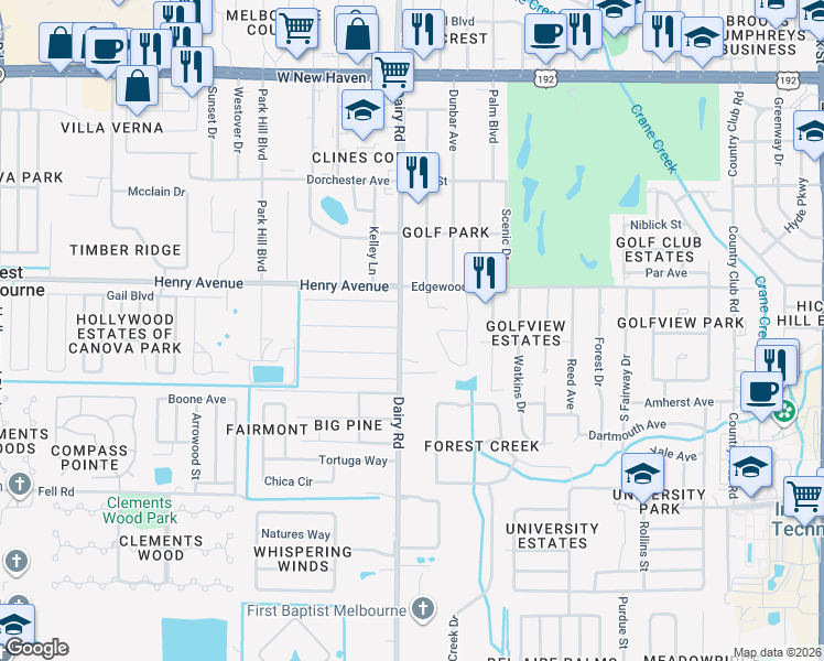 map of restaurants, bars, coffee shops, grocery stores, and more near 2604 Senator Way in Melbourne