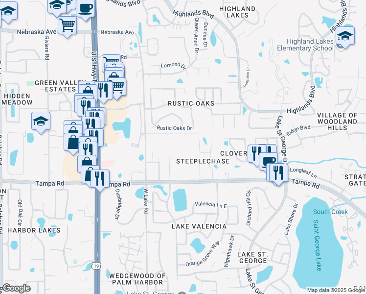 map of restaurants, bars, coffee shops, grocery stores, and more near 2895 Tampa Road in Palm Harbor