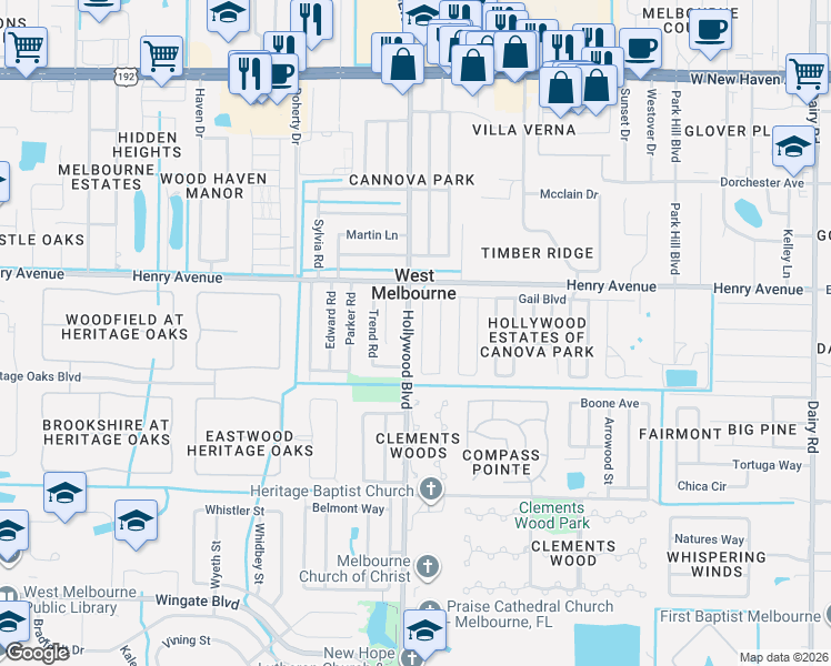 map of restaurants, bars, coffee shops, grocery stores, and more near 512 Jean Circle in West Melbourne