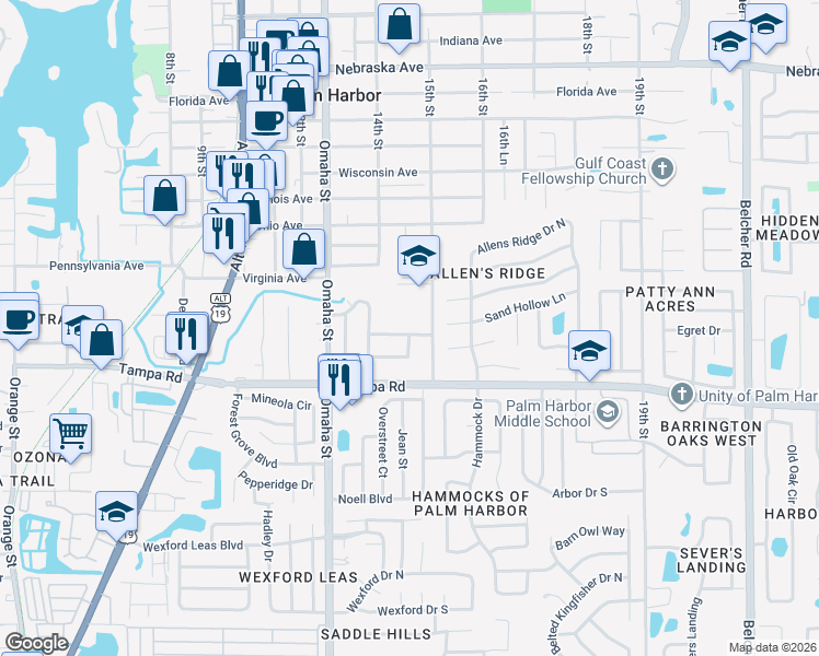 map of restaurants, bars, coffee shops, grocery stores, and more near 1434 Glenview Road in Palm Harbor