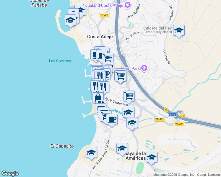 map of restaurants, bars, coffee shops, grocery stores, and more near 1 Calle Uruguay in Costa Adeje