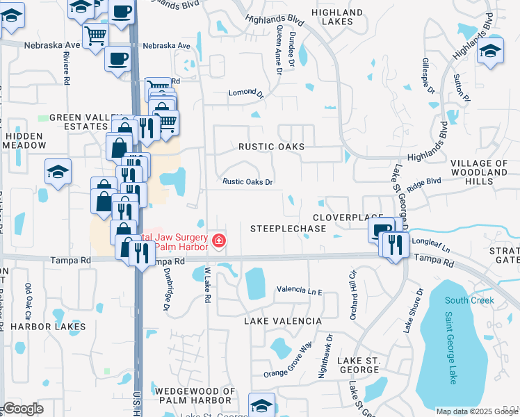 map of restaurants, bars, coffee shops, grocery stores, and more near 2895 Tampa Road in Palm Harbor