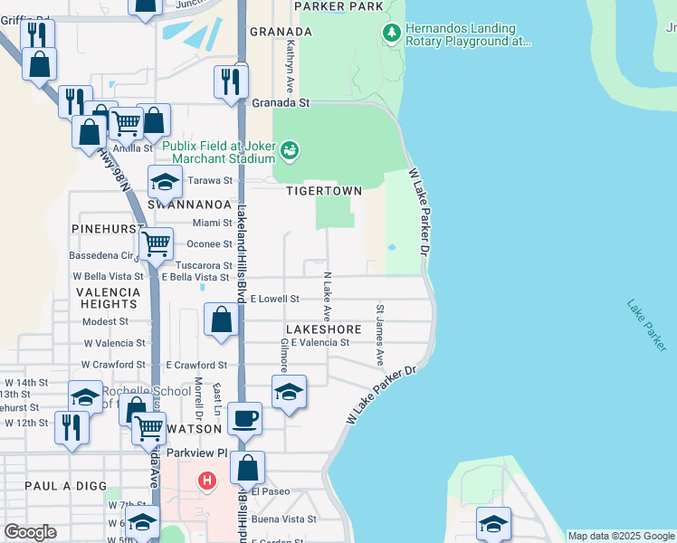 map of restaurants, bars, coffee shops, grocery stores, and more near 810 East Bella Vista Street in Lakeland