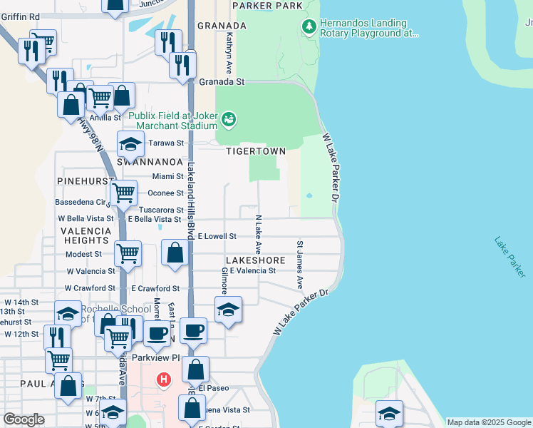 map of restaurants, bars, coffee shops, grocery stores, and more near 810 East Bella Vista Street in Lakeland