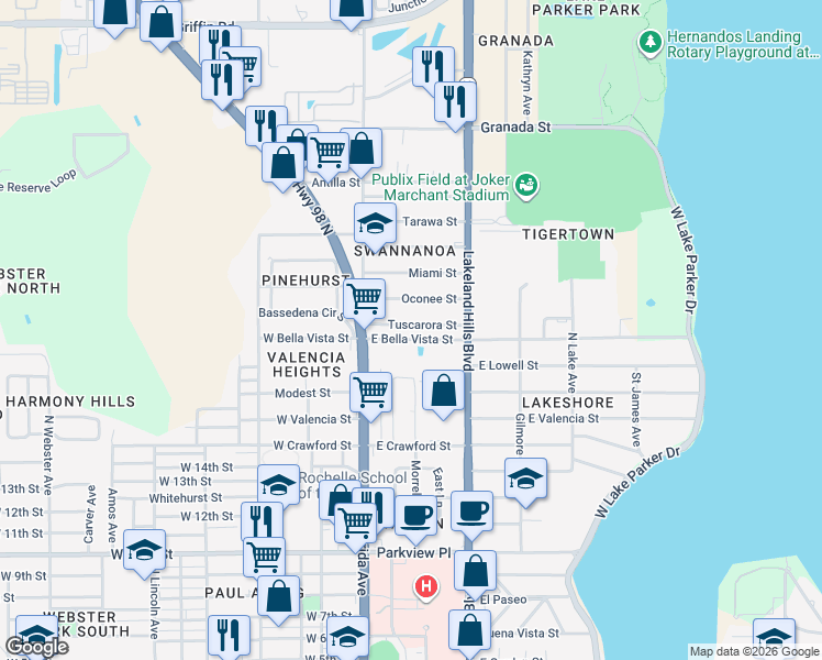 map of restaurants, bars, coffee shops, grocery stores, and more near 225 Tuscarora Street in Lakeland