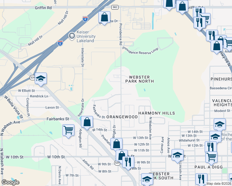 map of restaurants, bars, coffee shops, grocery stores, and more near 1224 Robert King High Drive in Lakeland