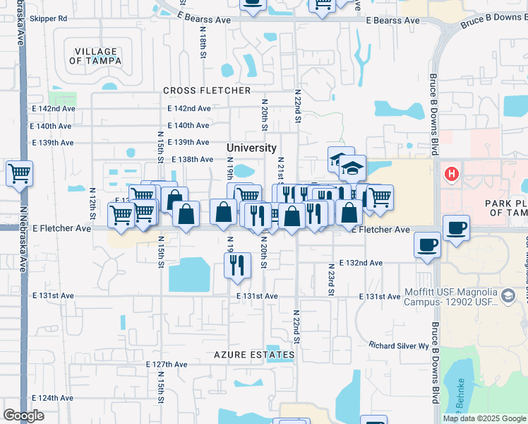 map of restaurants, bars, coffee shops, grocery stores, and more near 1916 East Fletcher Avenue in Tampa