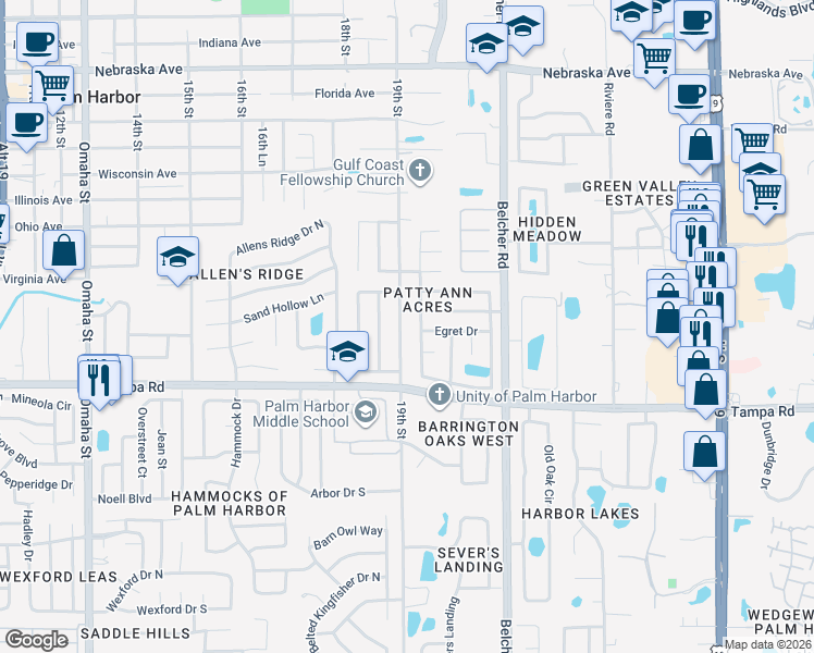 map of restaurants, bars, coffee shops, grocery stores, and more near 196 Cherry Laurel Drive in Palm Harbor