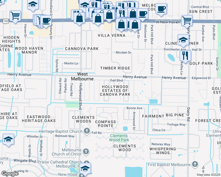 map of restaurants, bars, coffee shops, grocery stores, and more near 518 Kimberly Circle in Melbourne