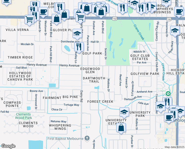map of restaurants, bars, coffee shops, grocery stores, and more near 2612 Aristocrat Drive in Melbourne