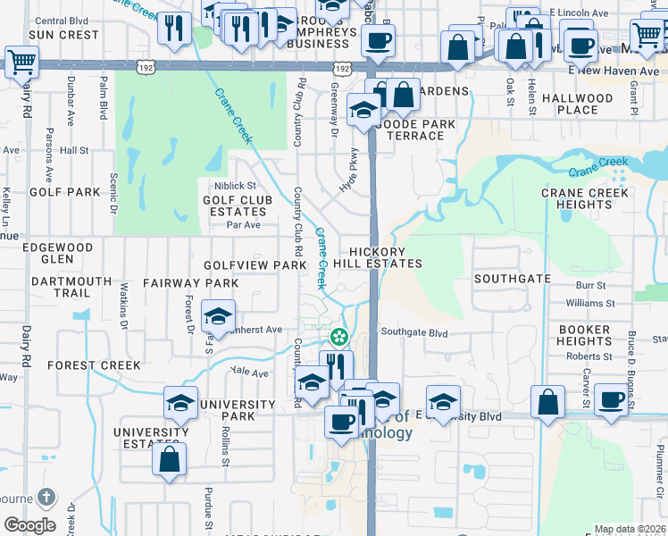 map of restaurants, bars, coffee shops, grocery stores, and more near 40 Babbling Brook Place in Melbourne