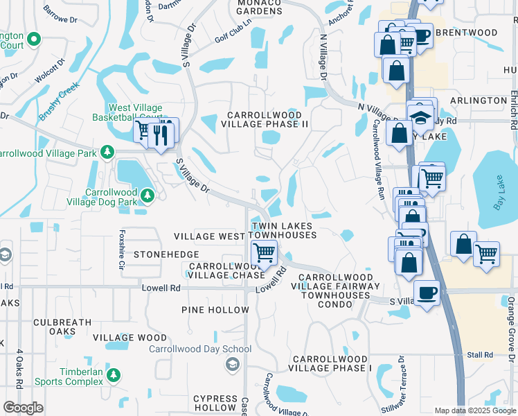 map of restaurants, bars, coffee shops, grocery stores, and more near South Village Drive in Tampa