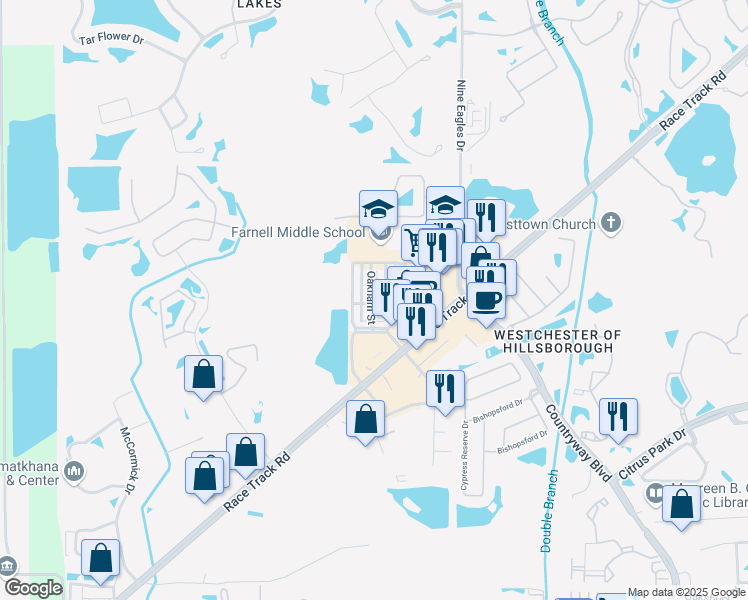map of restaurants, bars, coffee shops, grocery stores, and more near 15701 Weston Drive in Tampa
