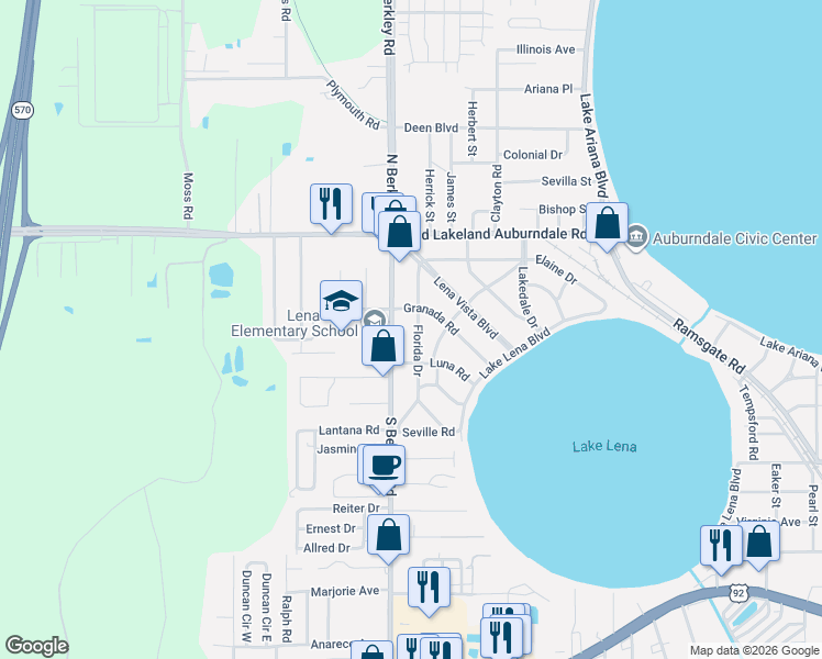 map of restaurants, bars, coffee shops, grocery stores, and more near 213 Florida Drive in Auburndale