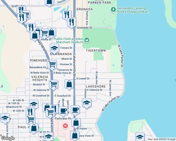 map of restaurants, bars, coffee shops, grocery stores, and more near 710 East Bella Vista Street in Lakeland