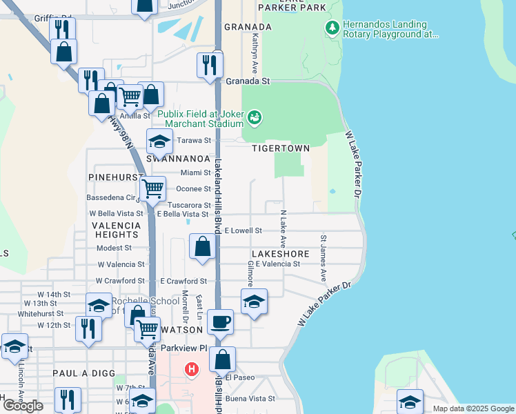 map of restaurants, bars, coffee shops, grocery stores, and more near 710 East Bella Vista Street in Lakeland