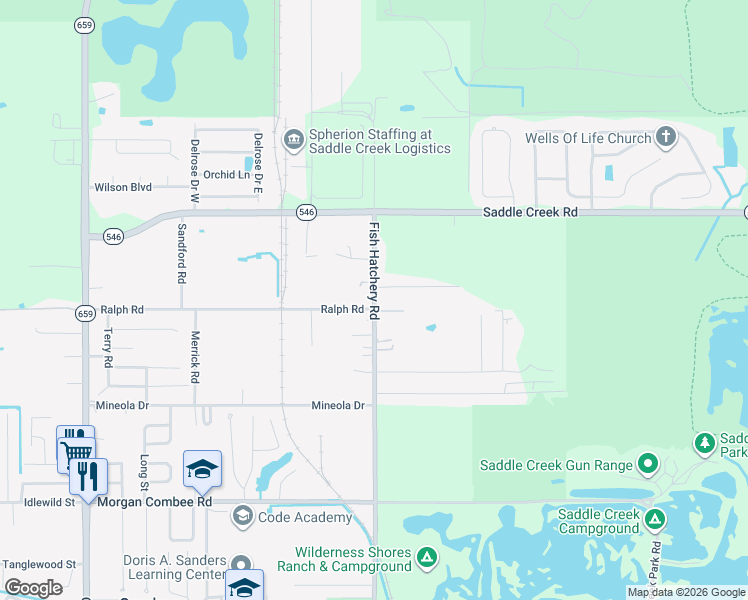 map of restaurants, bars, coffee shops, grocery stores, and more near 1726 Fish Hatchery Road in Lakeland