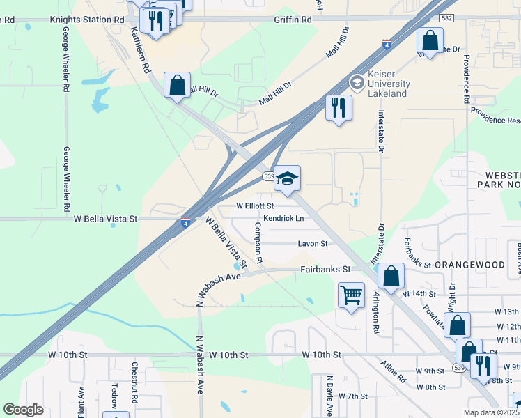 map of restaurants, bars, coffee shops, grocery stores, and more near 1914 Kendrick Lane in Lakeland