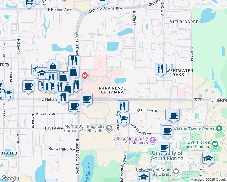 map of restaurants, bars, coffee shops, grocery stores, and more near 3450 East Fletcher Avenue in Tampa