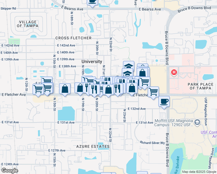 map of restaurants, bars, coffee shops, grocery stores, and more near 2010 East Fletcher Avenue in Tampa