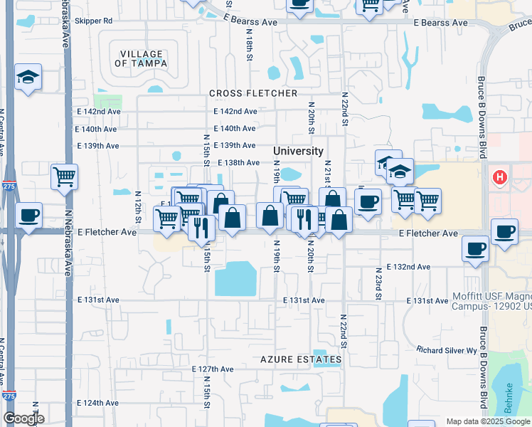 map of restaurants, bars, coffee shops, grocery stores, and more near 13604 Winward Drive in Tampa