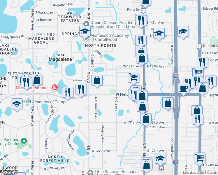 map of restaurants, bars, coffee shops, grocery stores, and more near 13510 North Ola Avenue in Tampa
