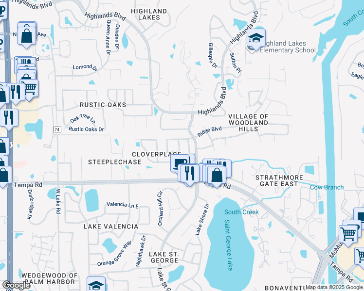 map of restaurants, bars, coffee shops, grocery stores, and more near 269 Petrea Drive in Palm Harbor