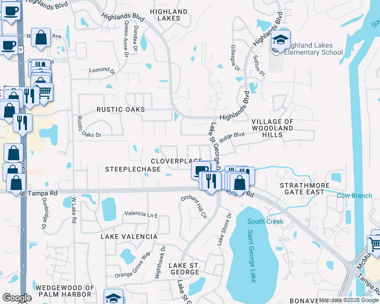 map of restaurants, bars, coffee shops, grocery stores, and more near 3260 Latana Drive in Palm Harbor